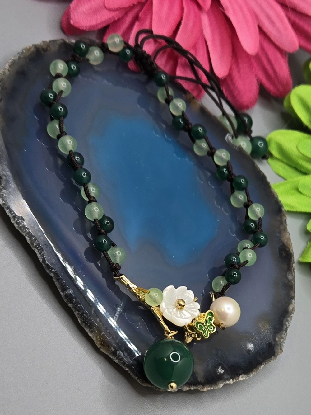 Jadeite & Chrysoprase Beaded Bracelet w/ MoP Floral & Genuine Pearl Accents